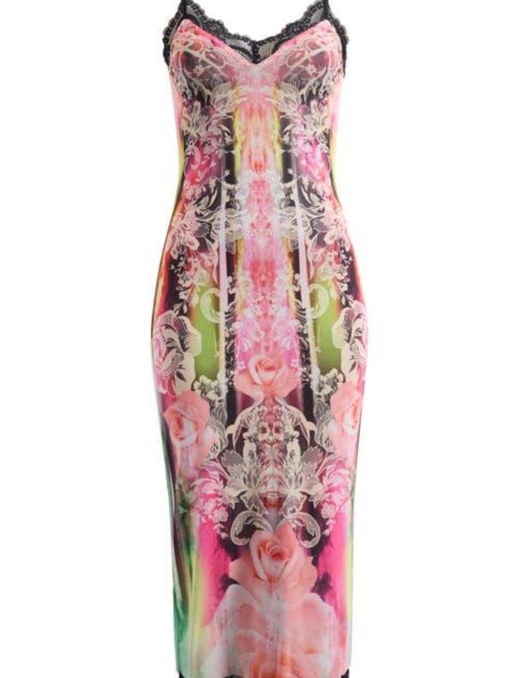 AFRM Floral Lace-Edge Midi Slip Dress in Pink, Green and Black